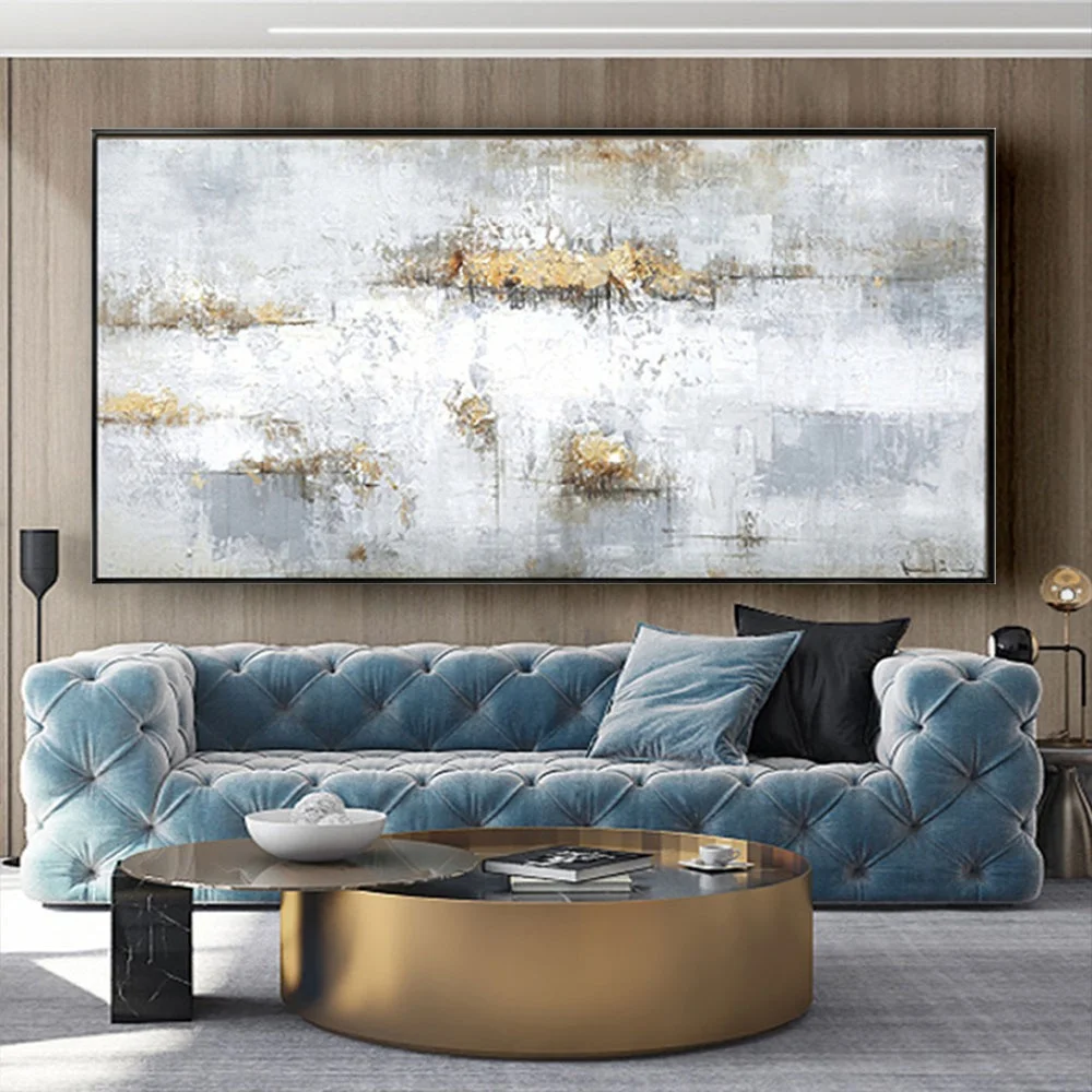 100% Handmade Abstract Gray Gold Foil Oil Painting Modern Canvas Art Fashion Wall Pictures Decor  Living Room Home Aesthetics