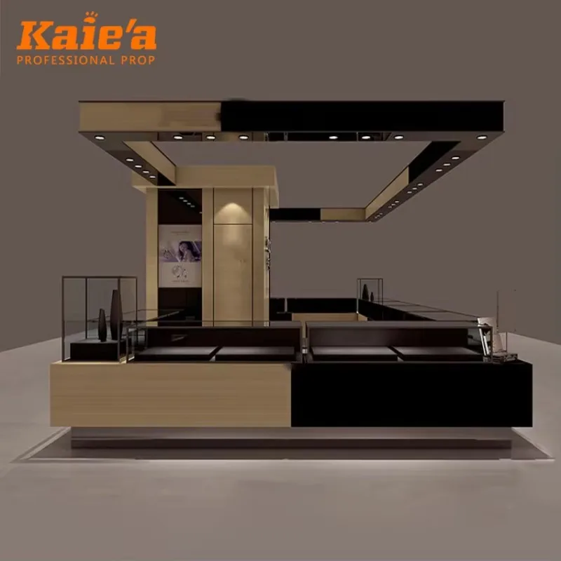 Factory Jewelry Display Showcase Kiosk Counter Design for Retails Store Luxury Gold Glass Jewelry Shop Showroom Showcase
