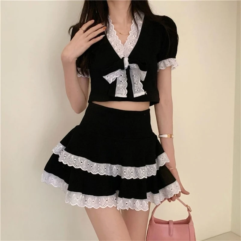 2 Stück Sets Frauen Sommer sexy süße Kawaii Bogen Spitze Patchwork Kurzarm Crop Tops Y2k Student Party eine Linie Minirock Outfit