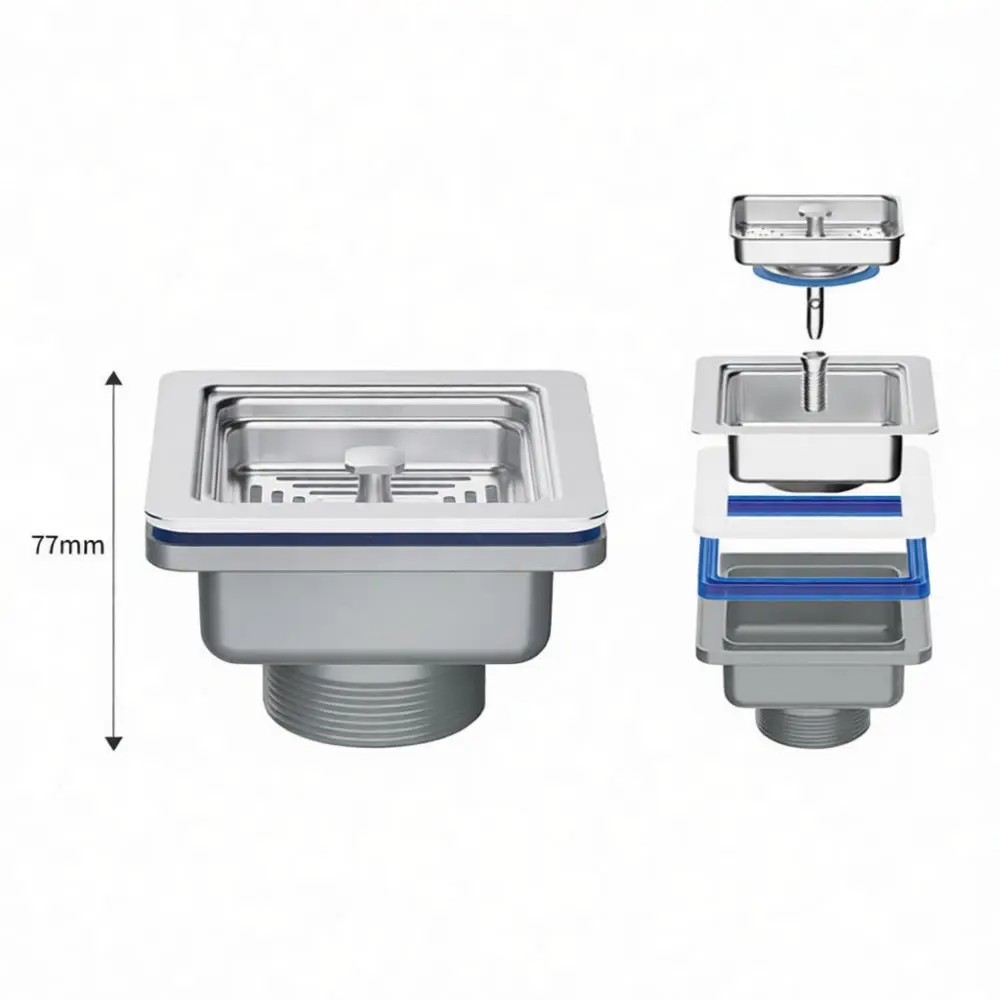 Kitchen Sink Drain Strainer Stainless Steel Square Water Outlet Basin Waste Filter Anti Overflow Plumbing Hardware Accessories
