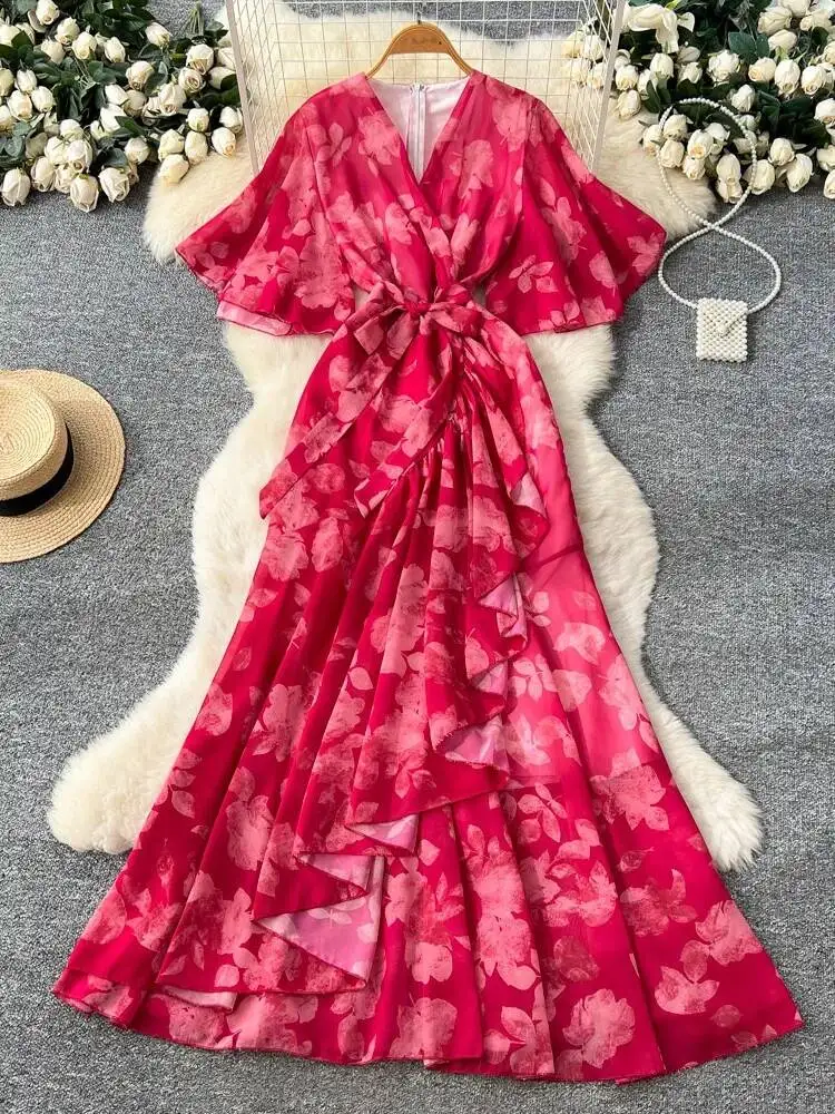 Women Floral Long Dress 2026 Spring Summer French Strap V-neck Irregular Printed Chiffon Dresses Ladies Vintage Long Robe