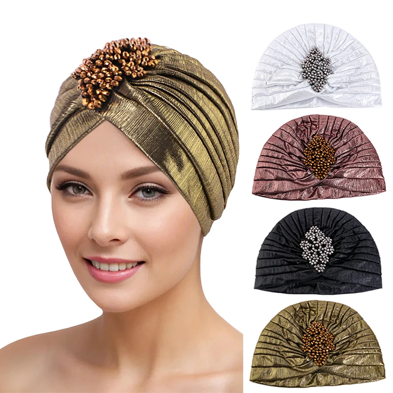 New Elegant Rhinestone Metallic Turban Hat Retro Stretchy Headband Bandana Caps Gold Hijab Head Wrap Beanie Muslim Chemo Cap