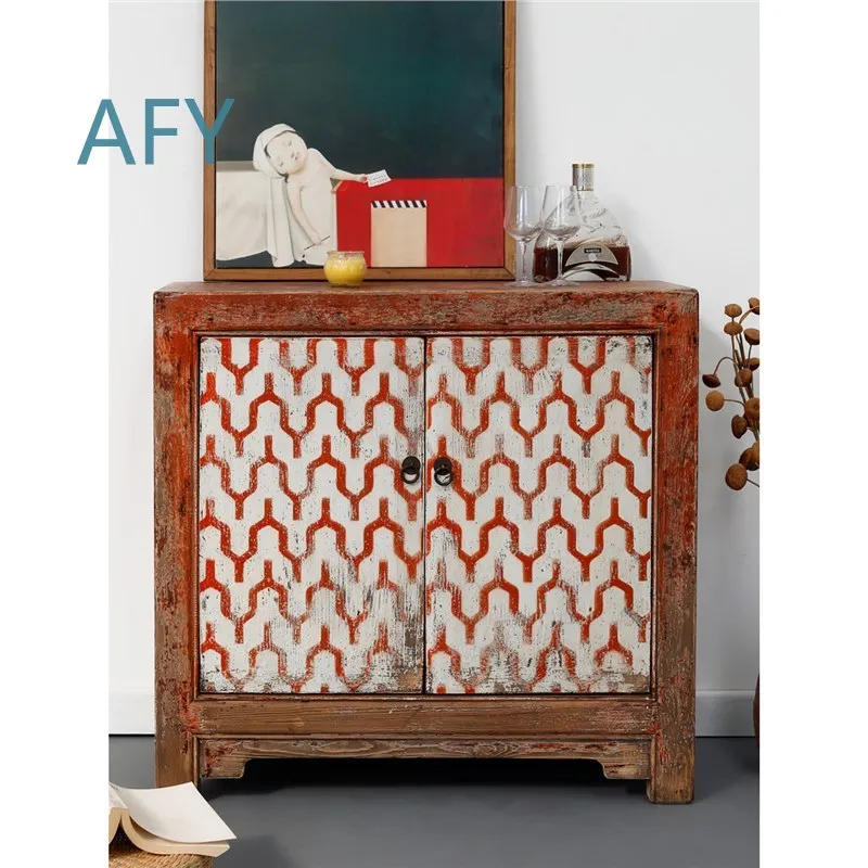 Retro Distressed Storage Cabinet for Living Room Bedroom Hallway Entryway Use Solid Wood Two Door Shoe Cabinet Minimalist