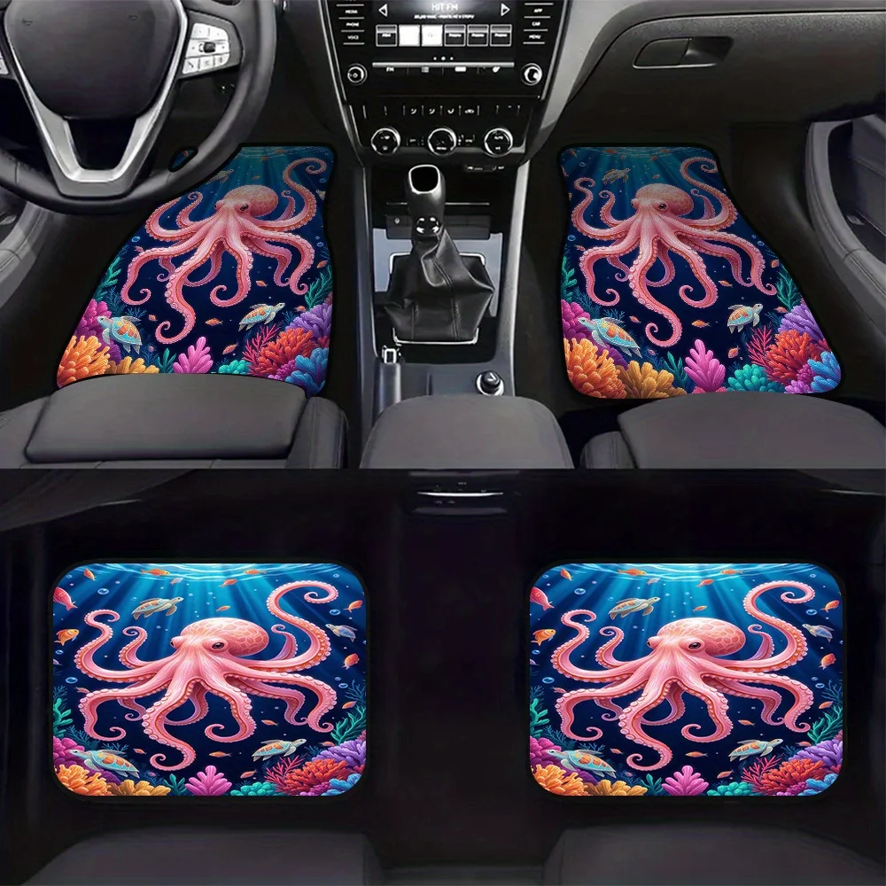 4pcs Car Foot Mats With Octopus, Fish & Turtle Ocean Scene - Non-Slip, Easy-Clean Surface, Fit For Sedans, Trucks, SUVs - All-We