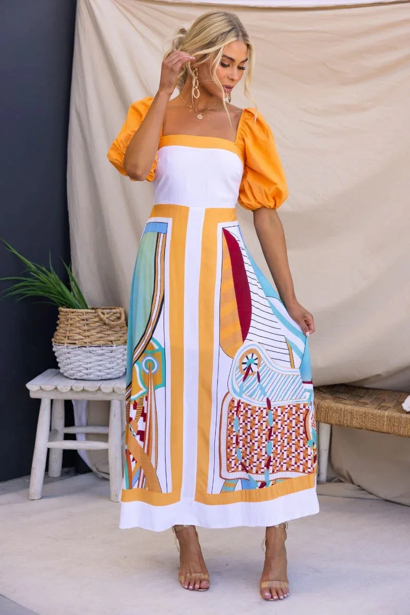 Sommerliches Boho-Maxikleid 2026 mit eckigem Ausschnitt, Puffärmeln, gerafftem Rücken und A-Linie – Lässiges Strand- und Urlaubskleid – Detail 2