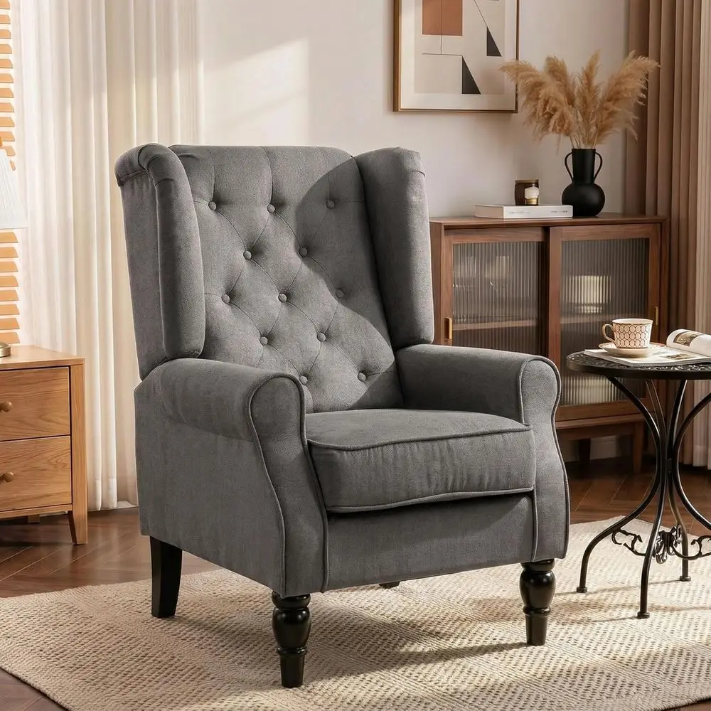 Mid-Century Modern Accent Chair, High Wingback, Gray Upholstery, Button-Tufted, Retro Wooden Legs, Suitable for Living or Bedroo
