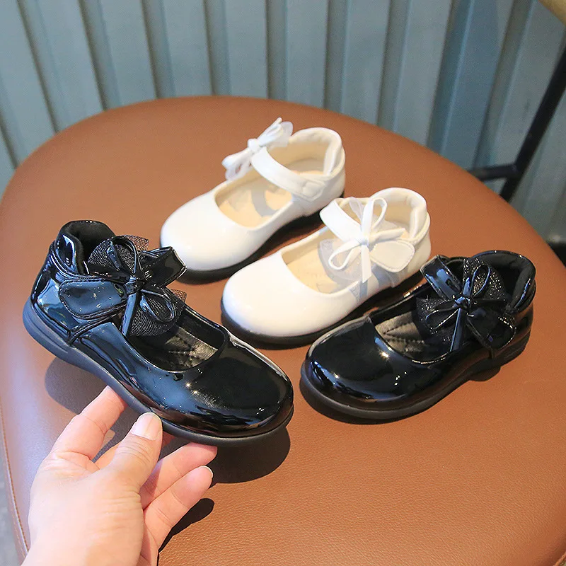 

Girls Black Leather Shoes White Princess Wedding Flats with Bow-knot Lace Kids Mary Janes 2024 Spring Autumn School Child Shoes