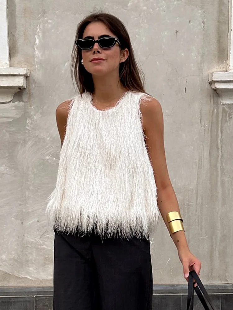 HH Women Fashion Tassel Decorated Casual Street Style Short Top Summer Woman Chic Sexy O-Neck Lining Solid Slim Vest Tops