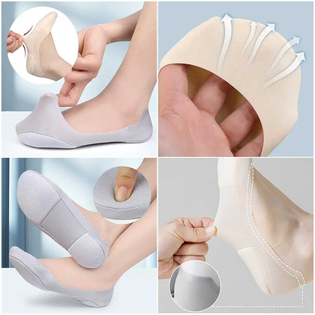 1 par de calcetines náuticos 3D para mujer, calcetines invisibles con cojín transpirable para masaje de pies con lazo, calcetines invisibles para el cuidado de la salud, calcetines náuticos de seda antiapagados de silicona
