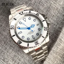 BLIGER White Dial 43mm SEA 24 Jewels NH35A Automatic Mechanical Mens Watch Brushed Steel Strap Luminous Blue Hand