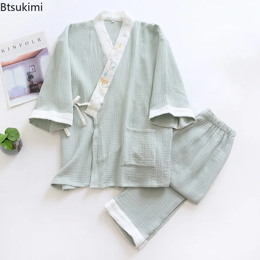 2025 Women's Cotton Pajama Sets 2PCS Loose Bathrobes V-Neck Embroidered Kimono Pijama Soft Top and Pants Sleepwear Loungewear