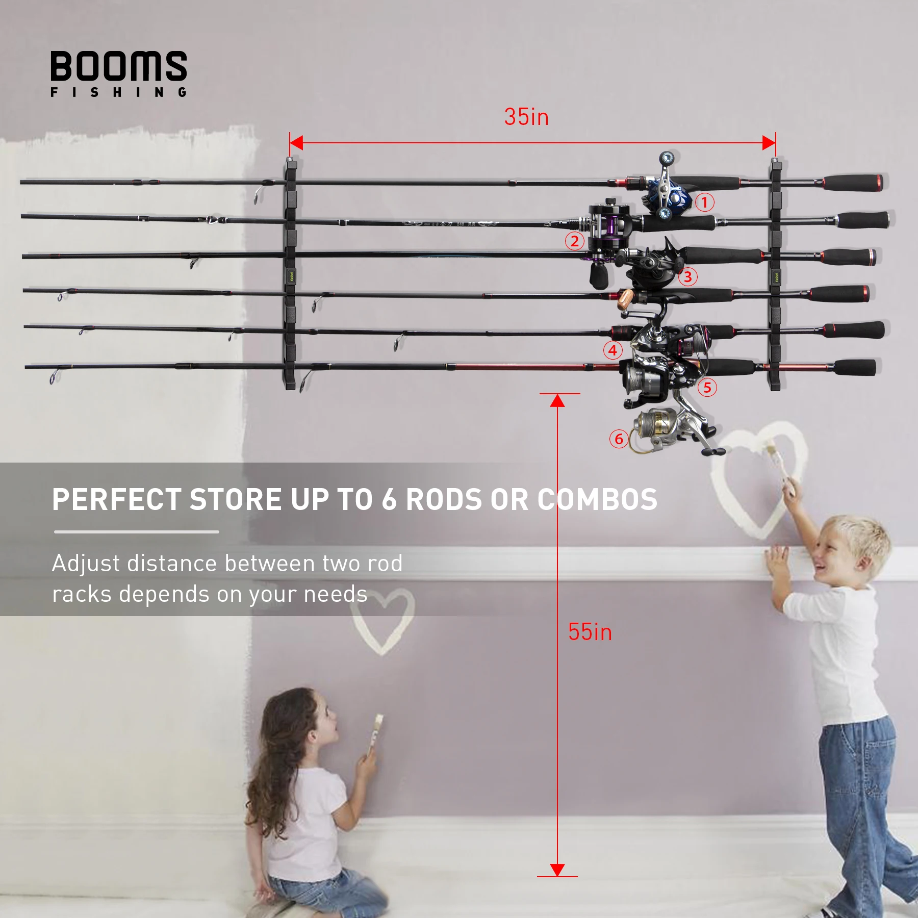 Booms Fishing WV5 Fishing Rod Holder Horizontal 6-Rod Rack Pole Storage Tool Wall Mount Modular for Garage Fishing Accessories