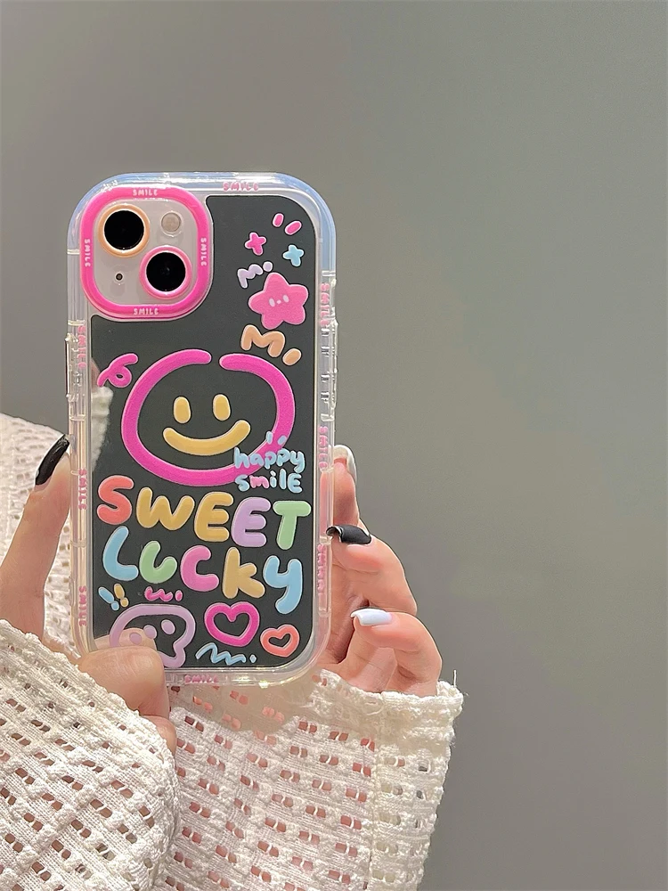 Sweet Lucky Smile Pattern Makeup Mirror Hard Back Case For iPhone 13 15 16 Pro Max 14 11 12 Cute Girl Shockproof Cover