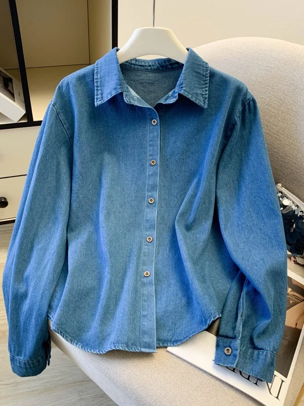 

Blue Denim Casual Long Sleeve Cotton Shirt Women's Spring New Style Hong Kong Style Loose Fit Inner Wear Layering Top