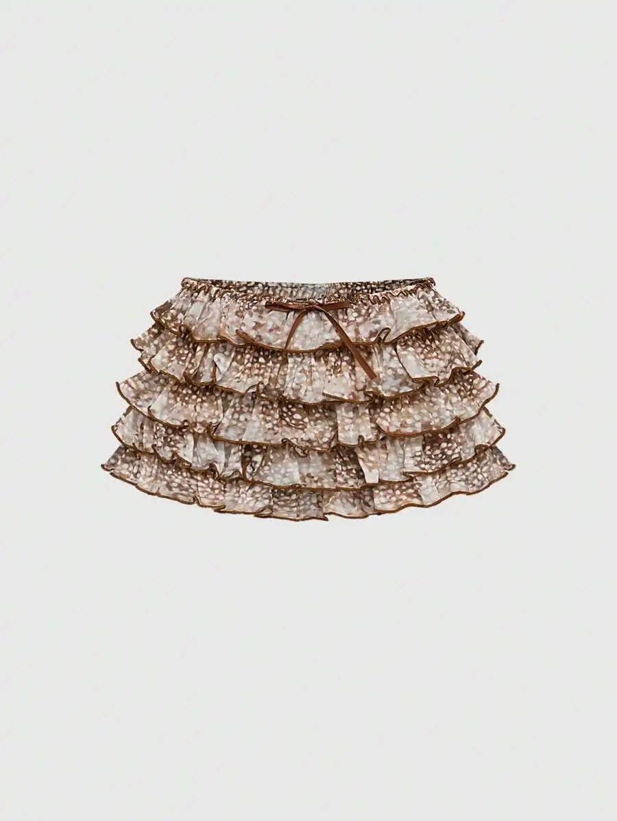 

Y2K Style Fawn Print Low Waist Ruffled Layered Mesh Shorts For Women