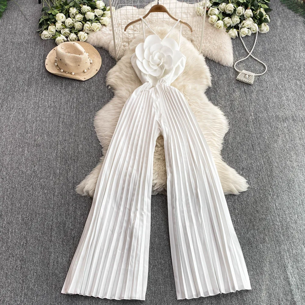 

Female 3D Flower Jumpsuit Beach Holiday Dinner Banquets Party Night Club Onesie Playsuit Pleated Wide Leg Chaming Sexi Jumppsuit