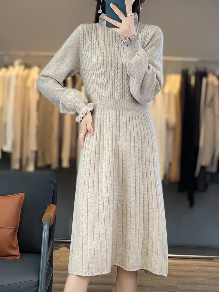 100% ميرينو الصوف المرأة البلوز فستان مع الفطريات طوق الخريف الشتاء موضة عادية محبوك الكشمير تنورة طويلة