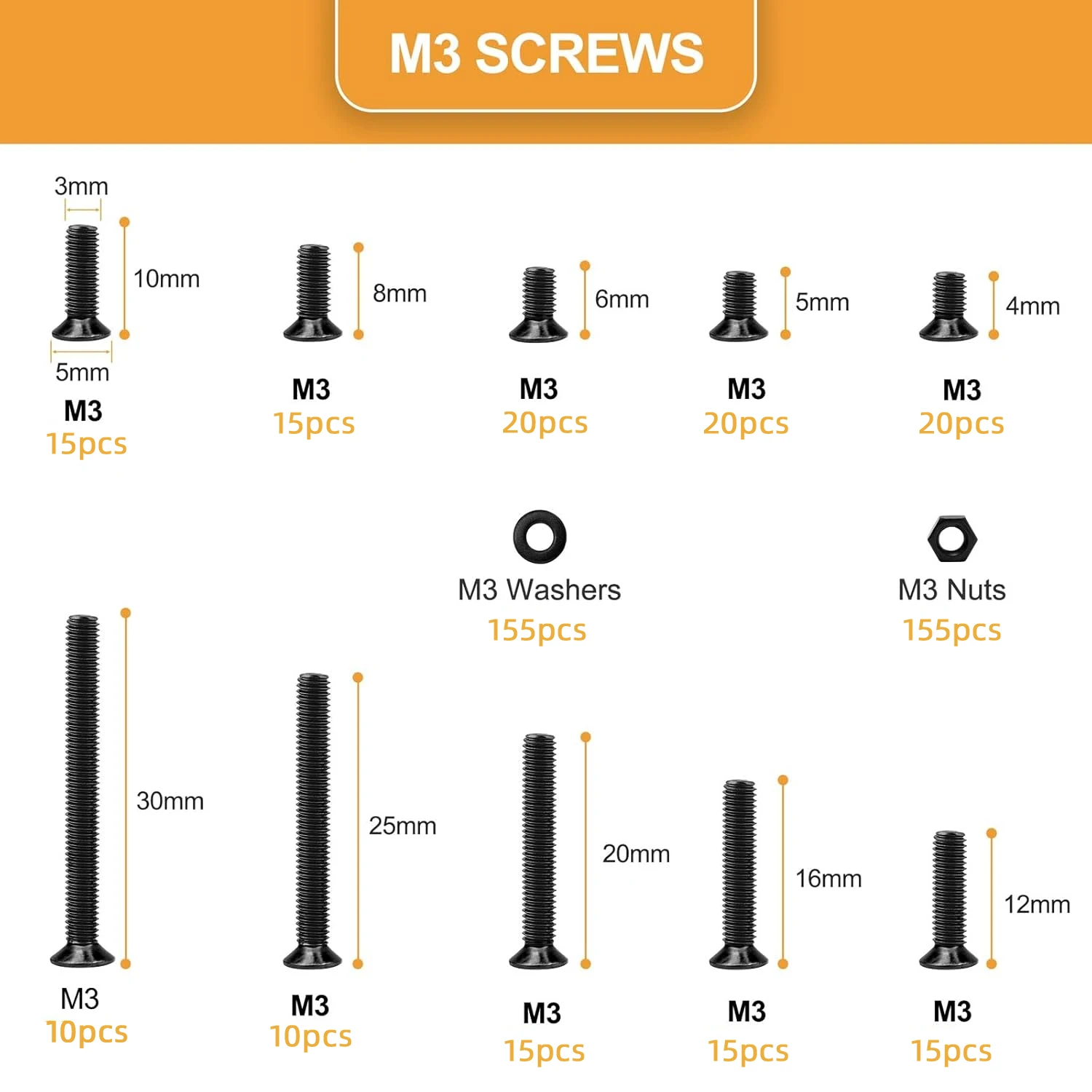 870Pcs M3 Flat Head Cross Machine Screw Black Carbon Steel M3x4/5/6/8/10/12/16/20/25/30mm Countersunk Metric Machine Screw Kit