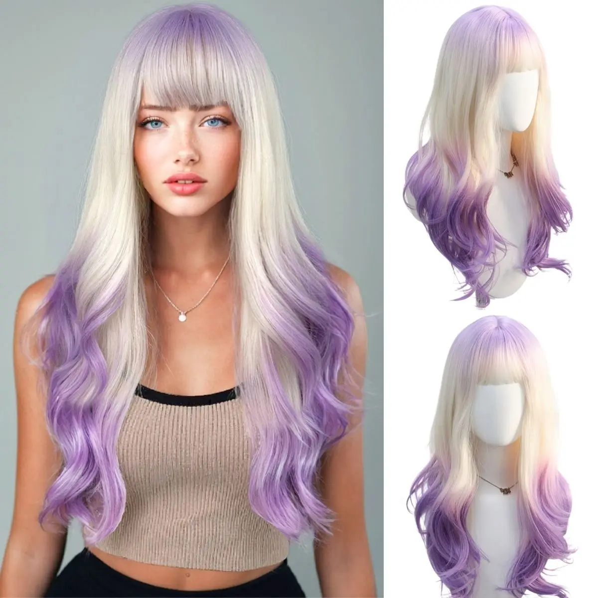 

Purple - White - Purple Gradient Long Curly Wig, High - Temperature Fiber, Rose Inner Net, Adjustable Buckle, Fashion Style.