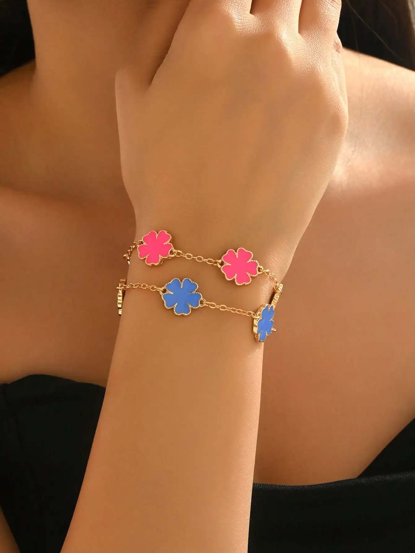 Women's Fashion Elegant Simple Creative Lucky Four-leaf Clover Flower Color Block Double-layer Bracelet Jewelry
