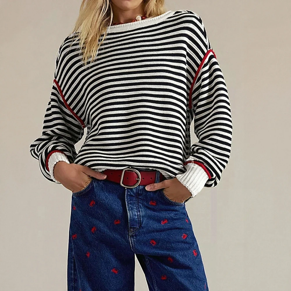 

Business Commute Style Long Sleeve Round Neck Sweater Fitted Design Straight Sleeve No Decoration Fashionable Women's Top