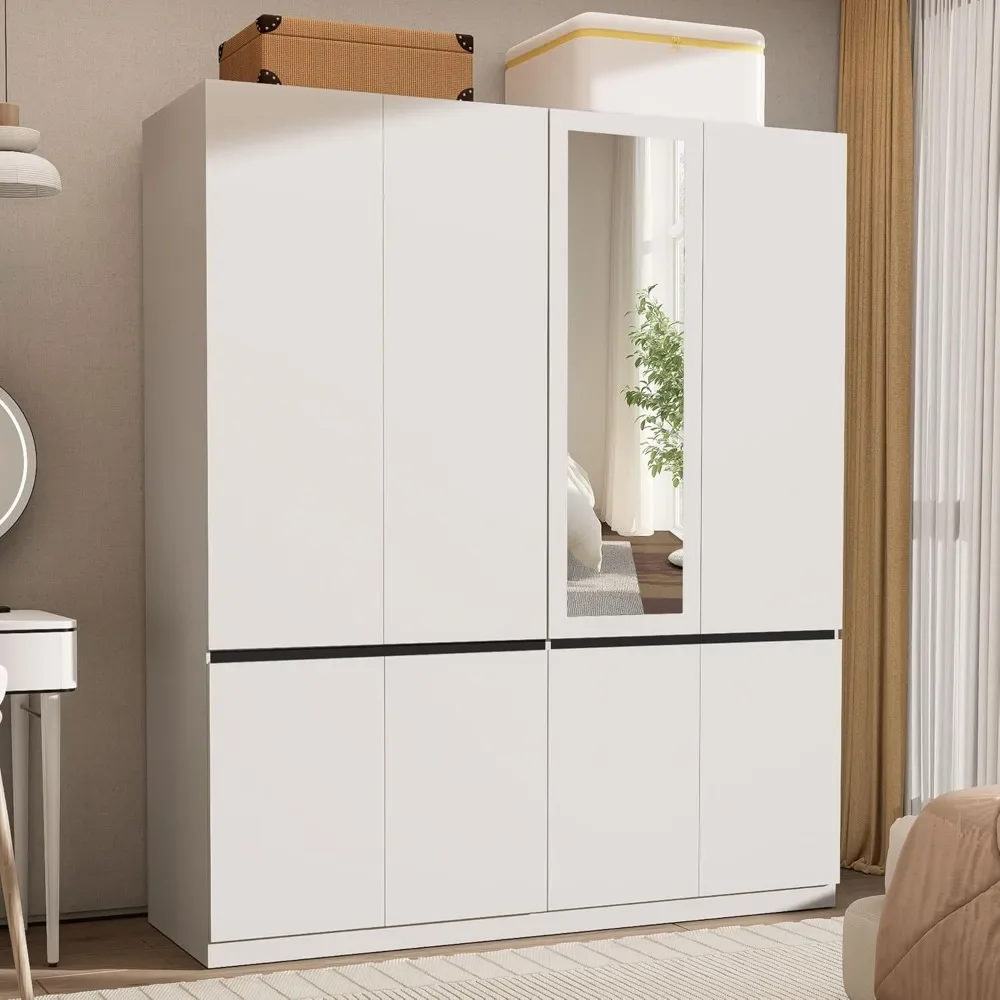 4-türiger Schrank mit Spiegel, Schlafzimmerschrank aus Holz mit Aufhängestange, freistehender Kleiderschrank für Schlafzimmer