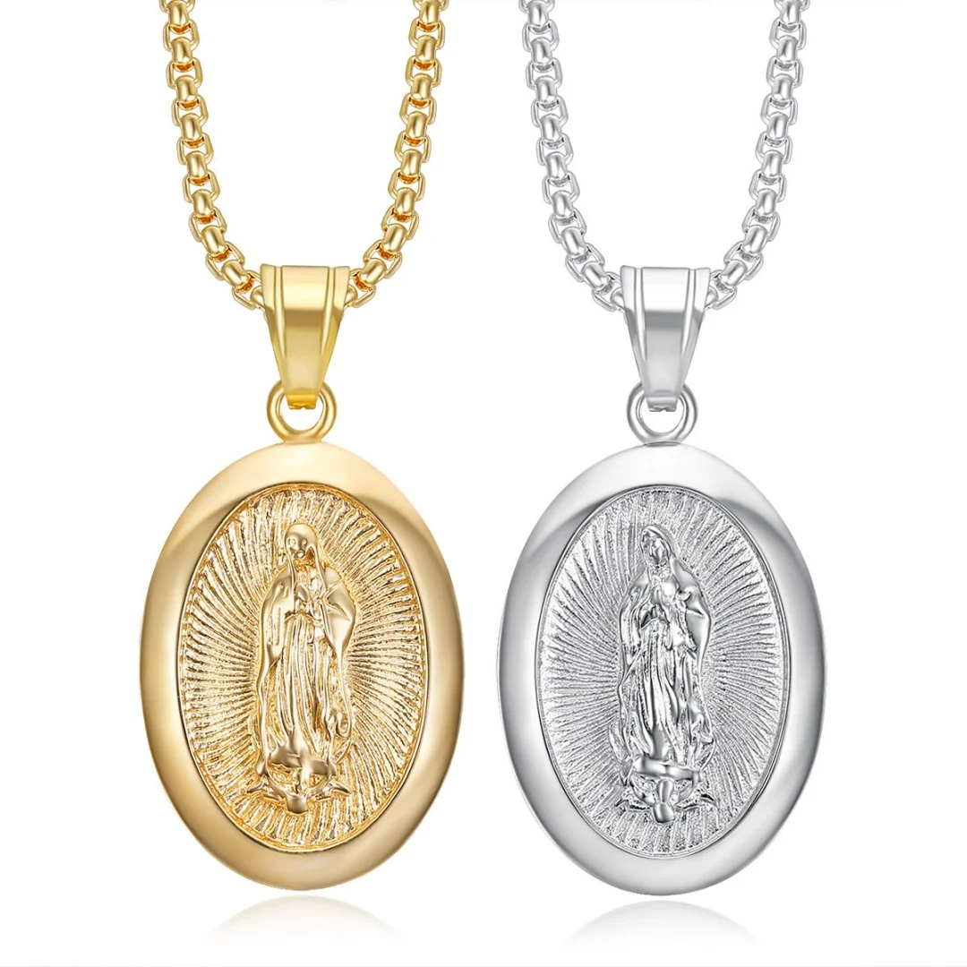 

Religious Virgin Mary Pendant Female Gold Silver Color Stainless Steel Christian Our Lady Madonna Necklace for Women Jewelry