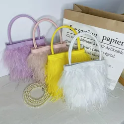 Luxury Designer White Pearl Chain Fur Bag Women Ostrich Fur Handbag Fur Messenger Bag