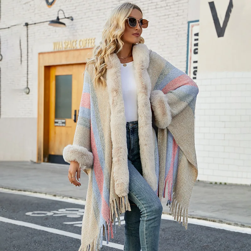 

Women's Striped Hooded Cloak, European and American Knitted Tassel Shawl, Autumn and Winter, New