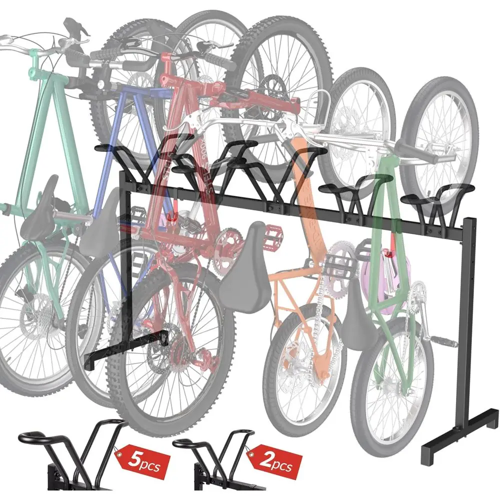 

5 Bikes loor Stand, Adjustable ycle Parking Rack with Hook or Garage, Indoor, Outdoor, ree Combination Bike Storage Cycle Rack o