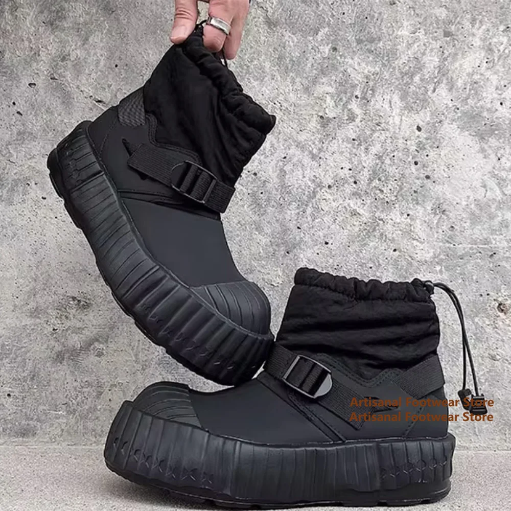 High Top Snow Boots Thick-Soled Casual Big Round Toe Men's Boots Black Leather Shoes British Style Trendy Men Shoes Botas Mujer