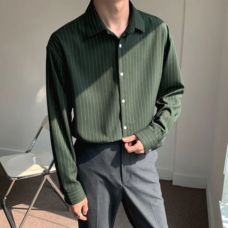 Male Shirts Striped Long Sleeve Men's Shirt Green with Sleeves Designer Fashion Man 2024