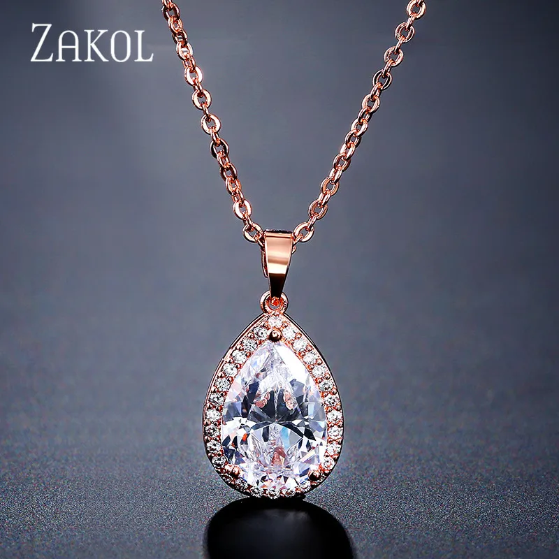 ZAKOL Trendy Tear Drop Zirconia Crystal Chain Necklaces Pendant For Women Wedding Jewelry