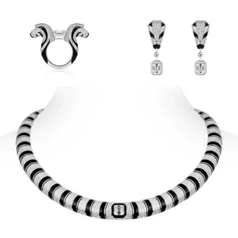 Bellux 925 Silver Synthetic Zircon White Emerald Cut Diamond Zebra Black Enamel Luxury Necklace Earrings Ring Jewelry Set
