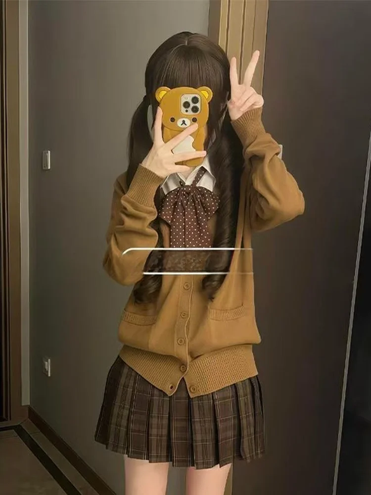 

Caramel Kureyon Original JK Uniform Open Cardigan Sweater V-Neck Long Sleeve Knitted Set for Women Winter Fashion Ensemble