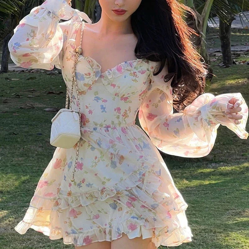 Sweet Elegant Party Mini Dress Women 2022 Summer Beach Long Sleeve Fairy Dress Female Y2k Korean Fashion Floral Lolita Dresses