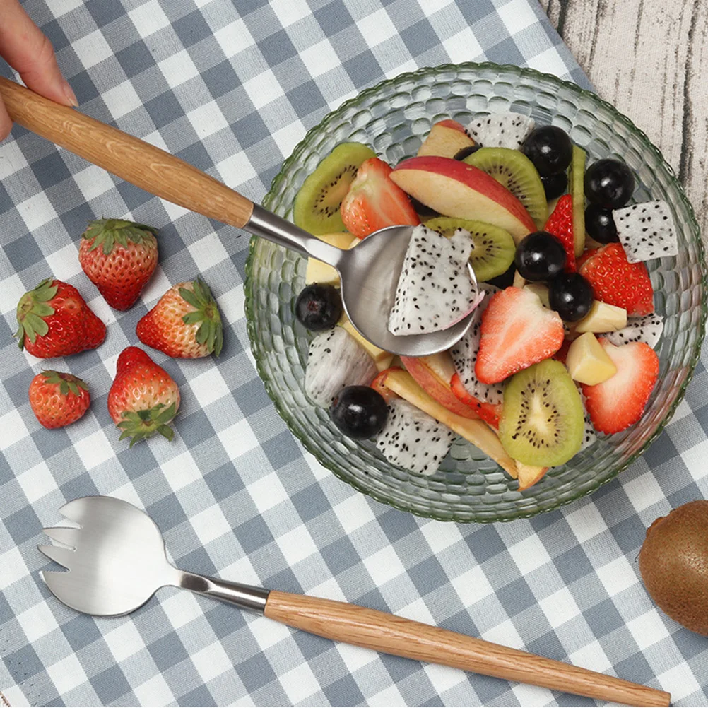 

2Pcs Stainless Steel Salad Serving Set Fork And Spoon Wooden Handle Cutlery Essentials
