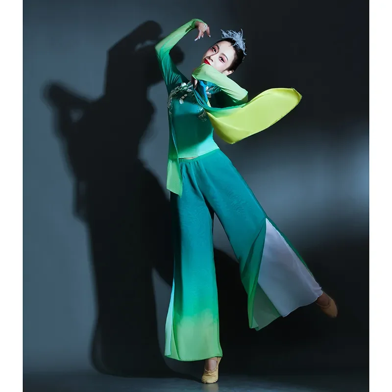 Chinese Tradition Hanfu Classical Dance Costume Female Yangko Clothing Chiffon Gradient Applique National Stage Performance Suit