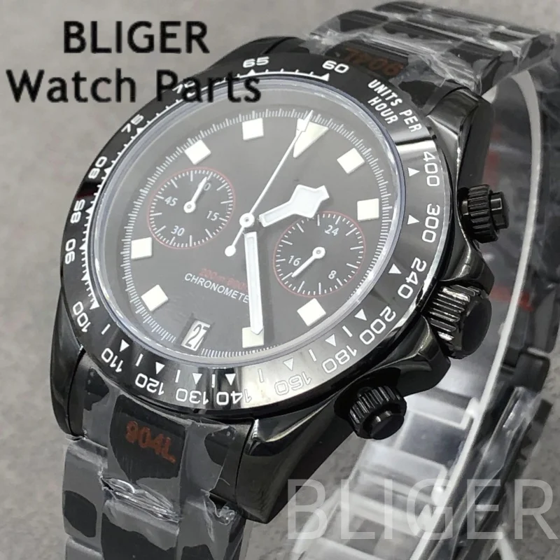 BLIGER 39mm Men's Luxury Black FXD Chronograph Cyclist VK64 Dial Snowflake Hand Quartz Wristwath C3 Luminous Sapphire Mirror