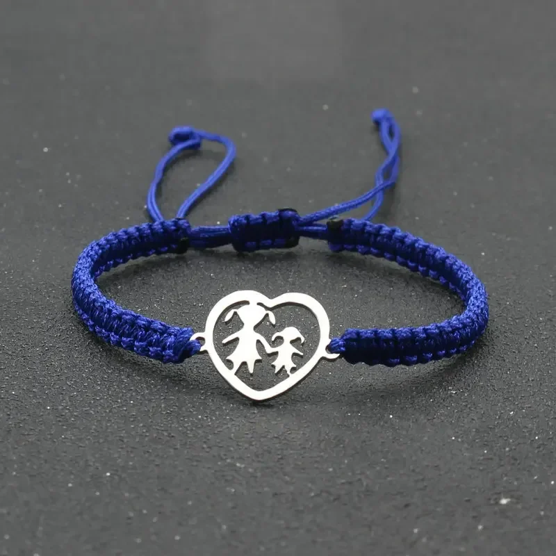 Handmade Braided Rope Bracelet Stainless Steel Heart Shaped Mother and Daughter Charm Bracelets for Women Cuff Jewelry Pulsera