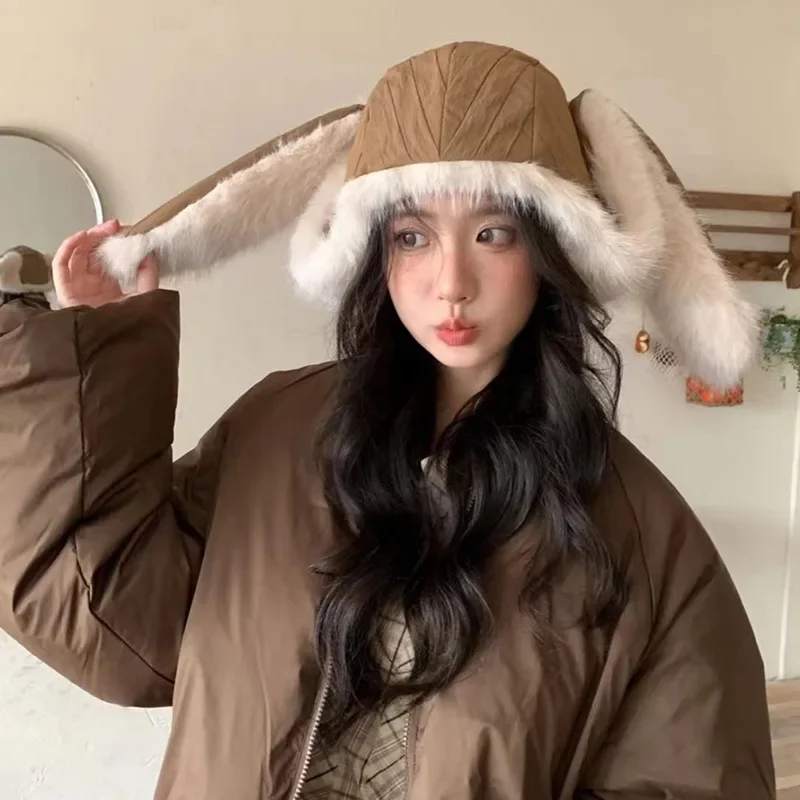 Playful Cute Rabbit Ears Plush Bomber Hat Women's Winter Warm Ear Protection Lei Feng Hat Imitation Fur Velvet Ski Hat