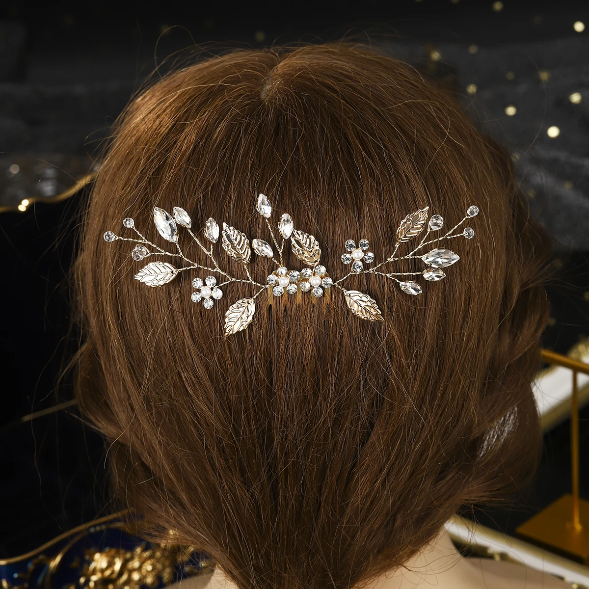 Trendy Handmade Leaf Flower Rhinestone Hair Comb Sparkling Crystal Elegant Bridal Wedding Hair Pin Clip Headpiece for Women