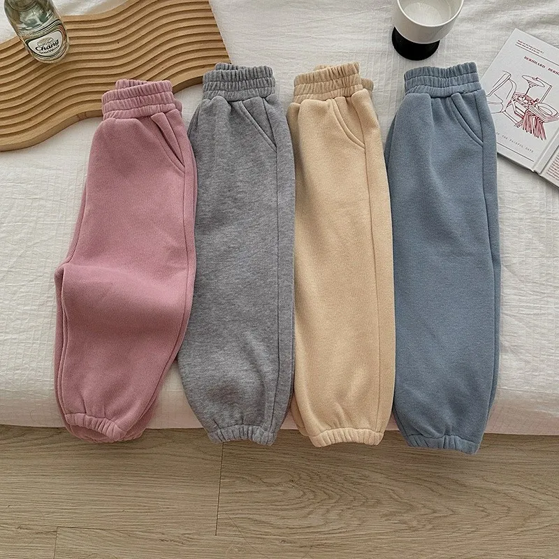 

2025 Winter New Children Plus Velvet Thick Casual Pants Boys Girls Loose Trousers Kids Fleece Sweat Pants Baby Warm Clothes