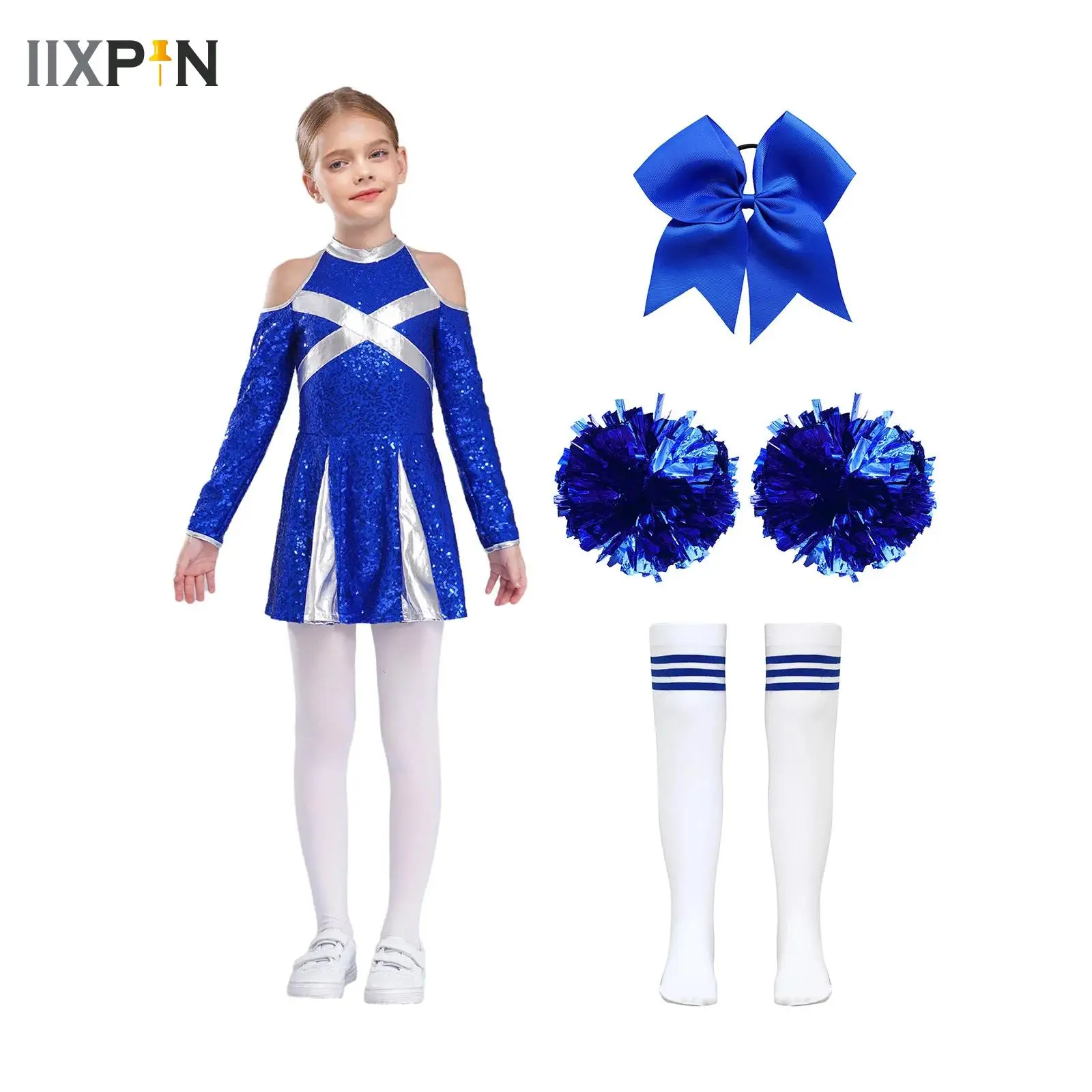 

Kids Girls School Cheer Dance Outfit Cheerleading Uniforms Cheerleader Performance Costume Children Sequins Cheerlead Dress