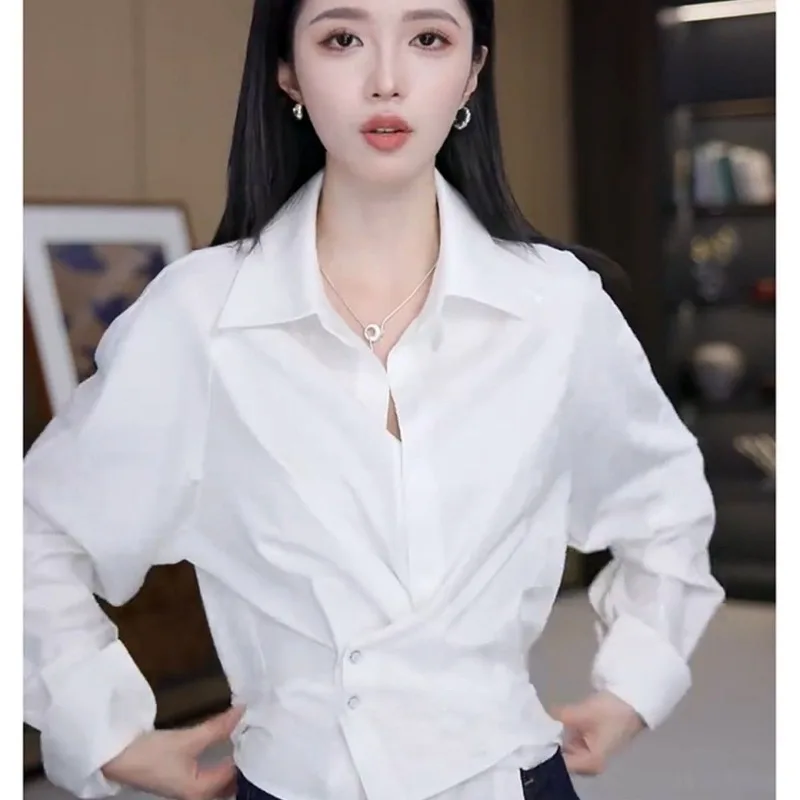 Koszula damska w stylu koreańskim, słodka, różowa, z klapami, krótka, jesienna, nowa moda, marszczona w talii, luźna bluzka.