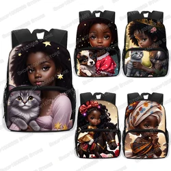 13 Inches Cute Afro Princess with Cat Dog Backpack African Girls School Bags for Teenagers Rucksack Kindergarten Bookbags Gift