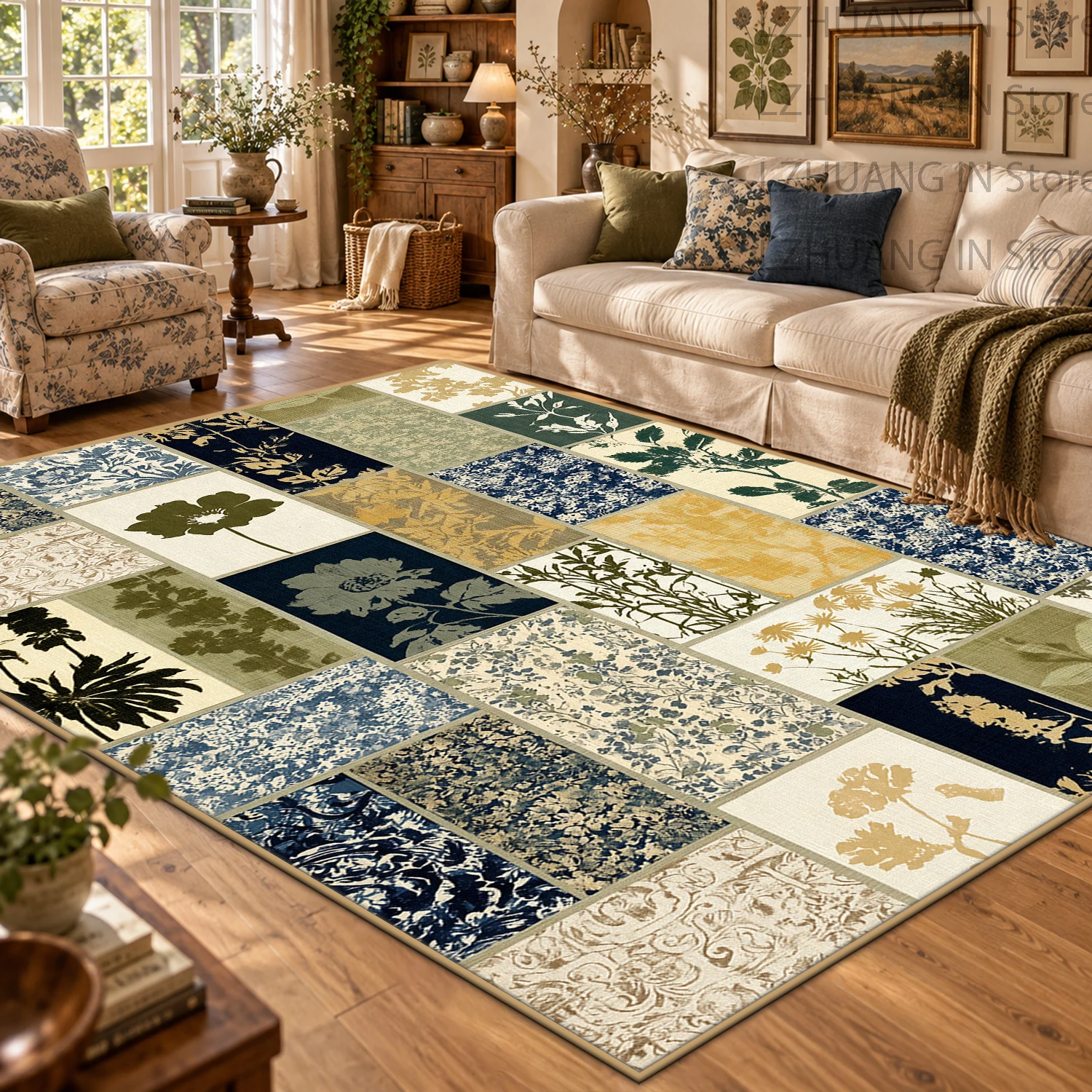 Vintage Pastoral Patchwork Floral Large Area Carpet Soft Washable Short Velvet Living Room Rug Non-slip Floor Mat for Home Decor