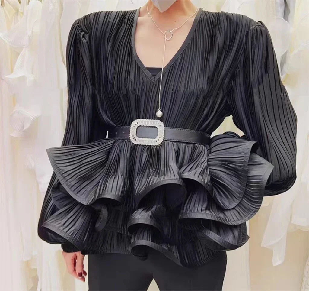 2023 Spring Women's V-Neck Pleated Chiffon Shirt Summer Puff Long Sleeve Tunic Layered Ruffles Pullover Blouses Black White Tops