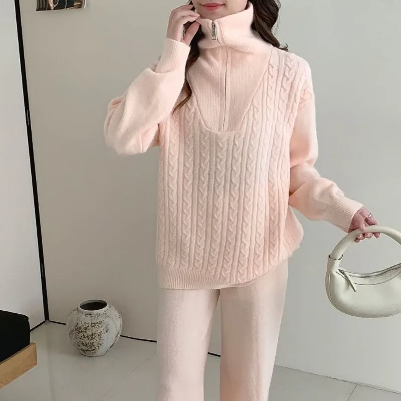

Casual Style Half-zipper Laps Twist Knitted pants suit Women's 2025 Autumn New Fashion Wide Leg Pants women Two-piece Set Trendy