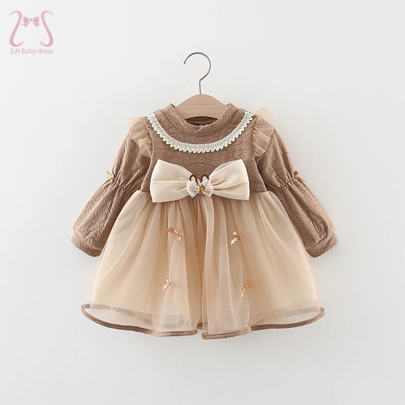 Autumn Baby Girl Long Sleeve Mesh Dress Lace Bow Cute Party Children Clothing Fashion Korean Style Toddler Kids Costume 0 To 3Y